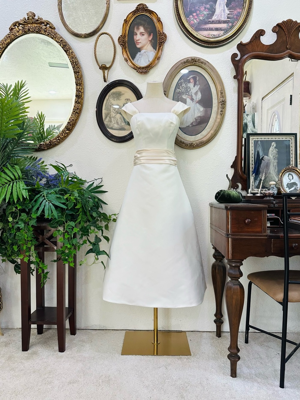 Classic Off-Shoulder Ivory Satin Tea-Length Wedding Dress with Sash